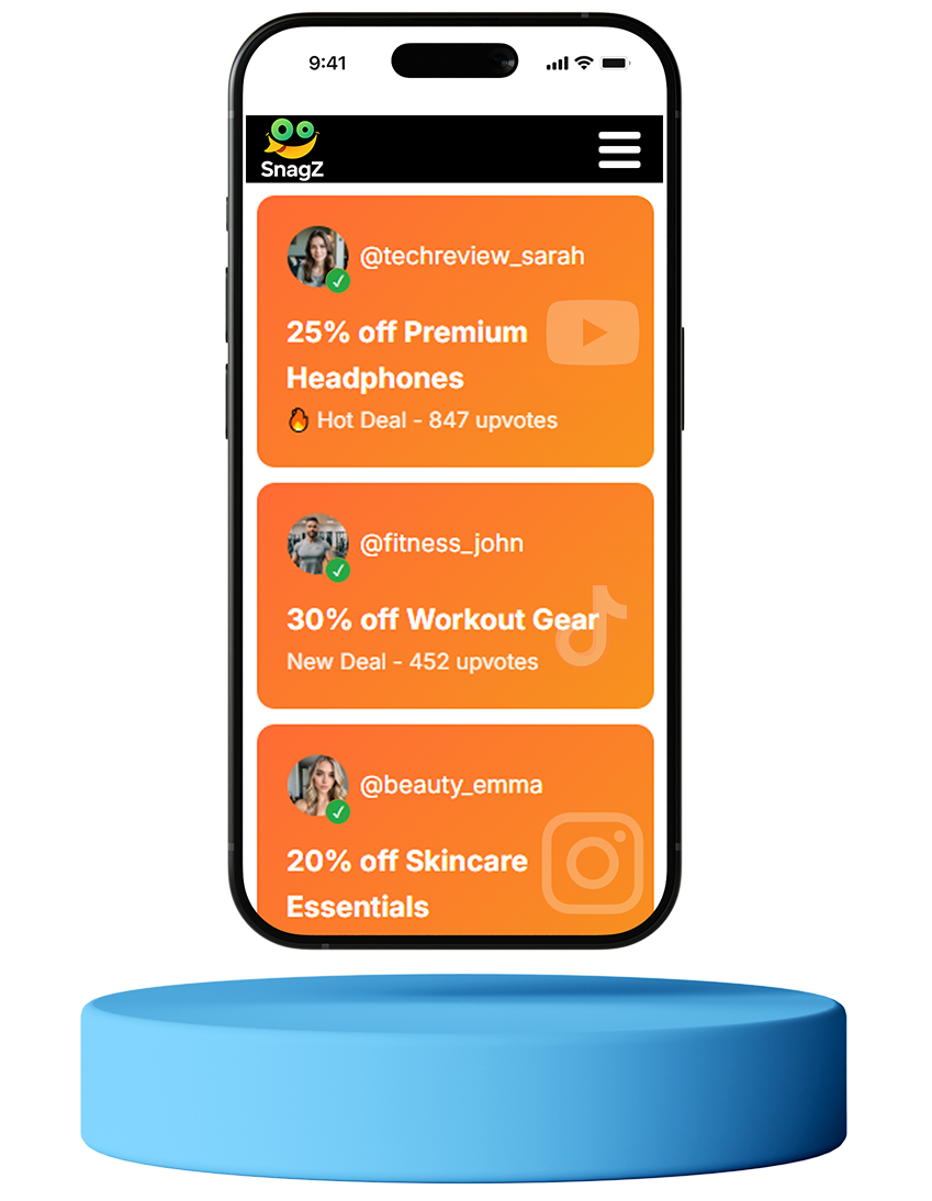 SnagZ mobile app preview showing verified deals and coupons